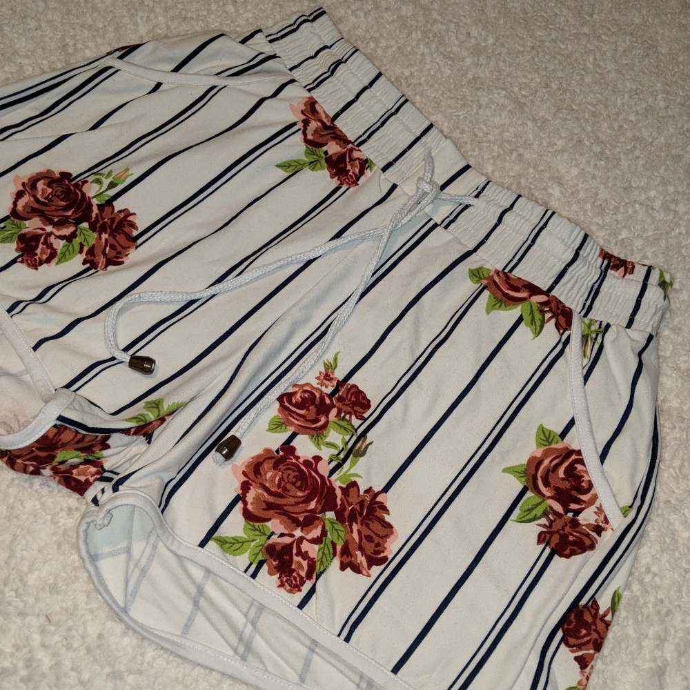 White lounge shorts with navy striped and floral print - small - soft and comfy